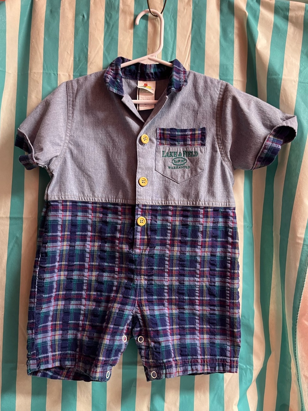Vintage celebrity kids boys Blue Plaid Short-Sleeve Baby Romper 24m